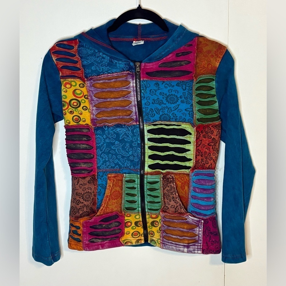 Modas Bagdad Patchwork Razor Cut Hoodie Full Zip Retro Hippie Boho Size Medium